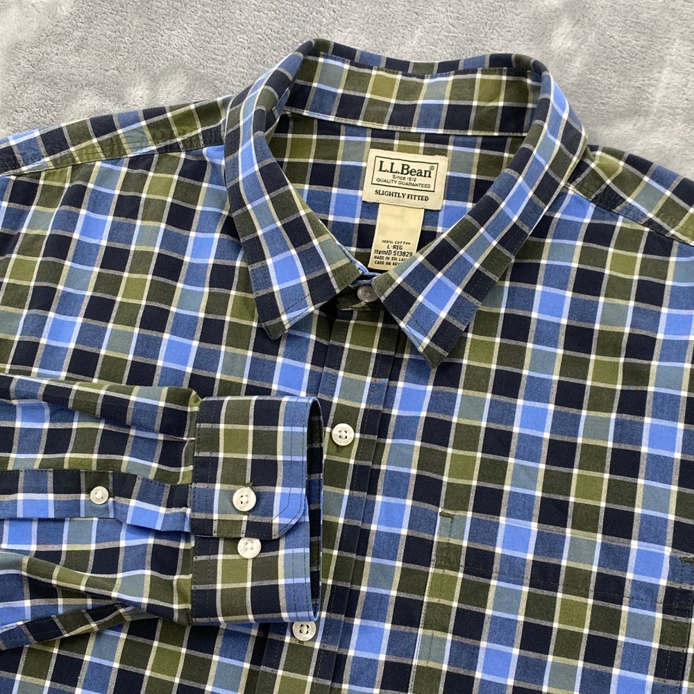 LL‎ Bean Mens Plaid Button Down Shirt Blue Green Slightly Fitted Large 513829